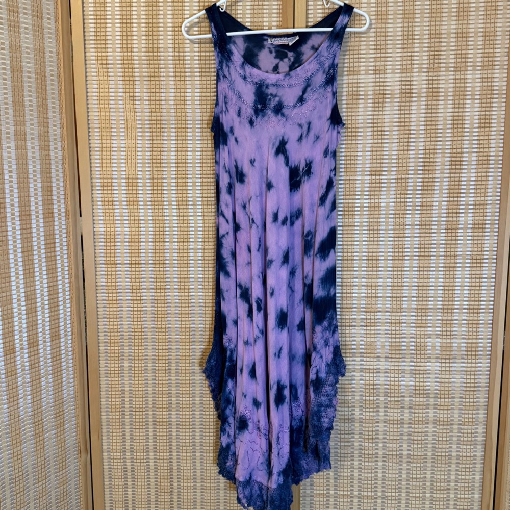 Just Cruising Tie Dye Handkerchief Dress Purple Blue Crochet Lace Sequin OS Boho